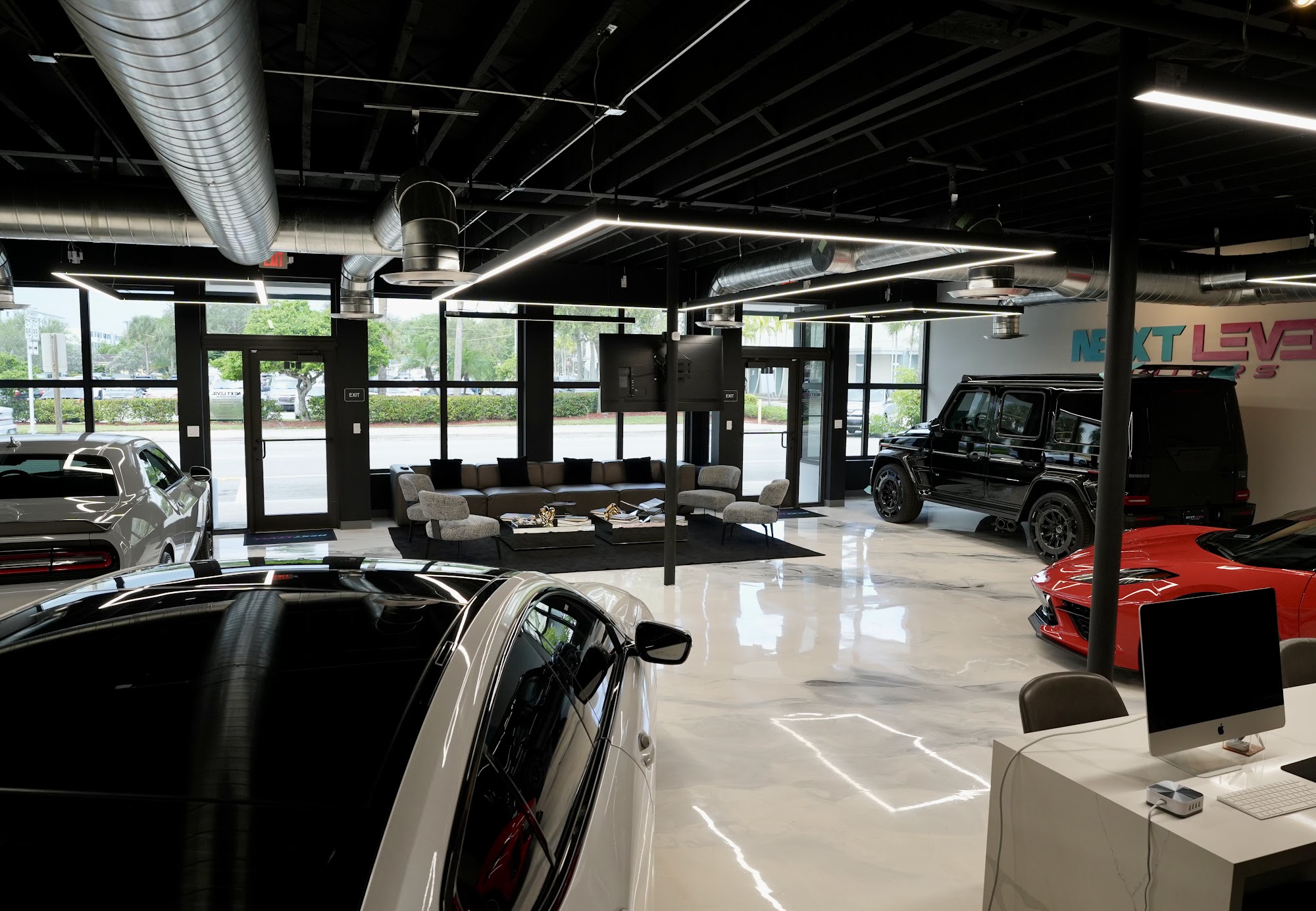 High view across the Next Level Motors showroom