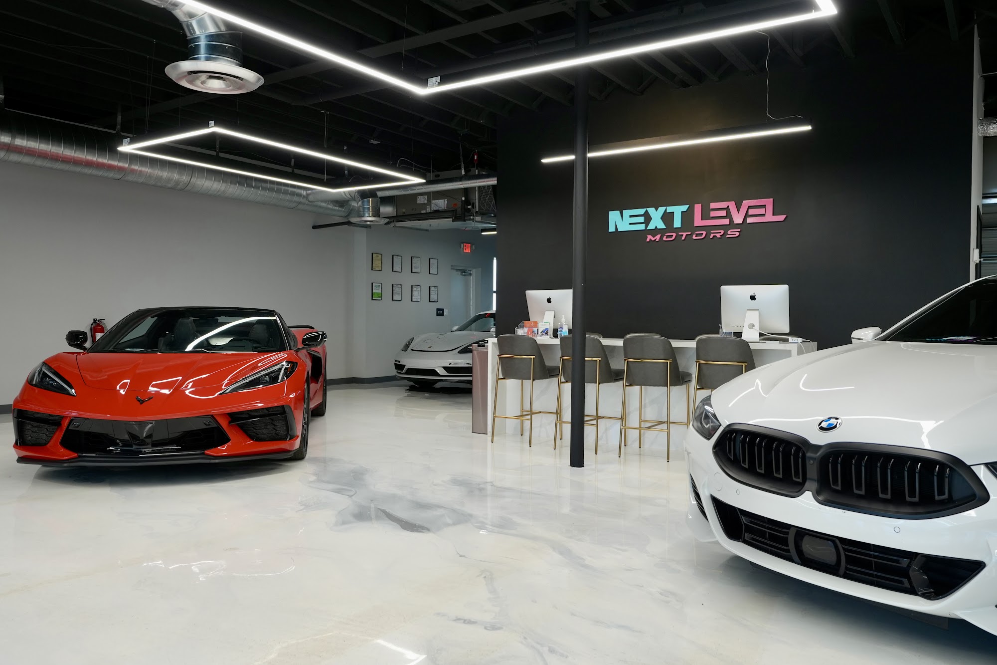 Showroom floor looking toward the reception wall